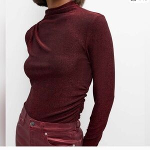 Veronica Beard Mylie Metallic Red ruched
 mock neck long sleeve top.